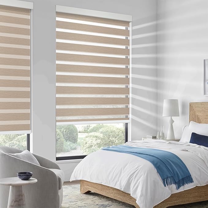 Motorized Zebra Blinds for Windows Cordless Electric Curtains with Remote Control Blackout Shades Custom Smart Blinds Compatible with Alexa Google Home(Roomdarking Caramel,W43 X 72in)