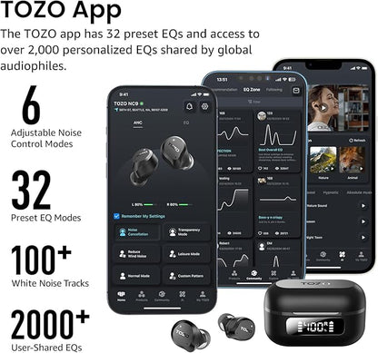 TOZO NC9 Hybrid Active Noise Cancelling Wireless Earbuds, 6 Mics ENC Clear Call, IPX8 Waterproof, in Ear Bluetooth 5.3 Headphones Stereo Bass Ear Buds 60H Playtime with LED Display 32 EQs via APP