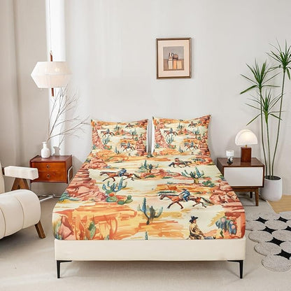 Manfei Western Cowboy Kids Sheet King Size,Cactus Desert Southwest Country Easy Wash Bedding Set,Boho Rustic Farmhouse Boys Girls Room Decor,Orange Green Sheet(Fitted+Flat+2 Pillowcases)