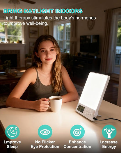 BAOMING Light Therapy Lamp 10000 Lux Brightness-UV Free,Blue Lighting Improve Sleep Quality,Whit Lighting Imitation of Sunlight,Display,4 Periods Timer Function,5 Levels Brightness Adjustment, 1-Pack