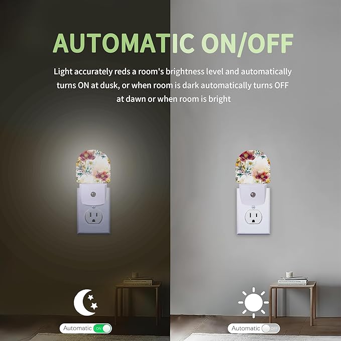 Vintage Flower Burgundy Night Light, Night Light Plug into Wall with Dusk to Dawn Sensor, LED Lamp Energy Saving Lights for Men Women Boys Girls,Lamp for Bedroom Bathroom Hallway