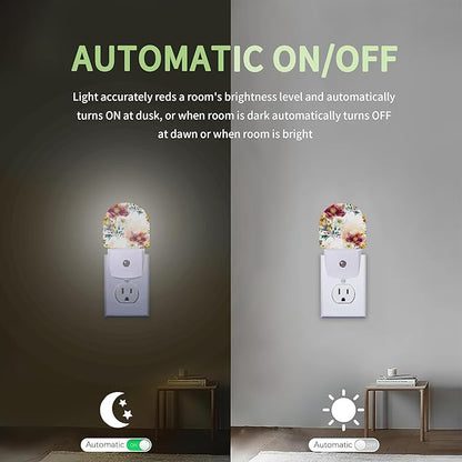 Vintage Flower Burgundy Night Light, Night Light Plug into Wall with Dusk to Dawn Sensor, LED Lamp Energy Saving Lights for Men Women Boys Girls,Lamp for Bedroom Bathroom Hallway