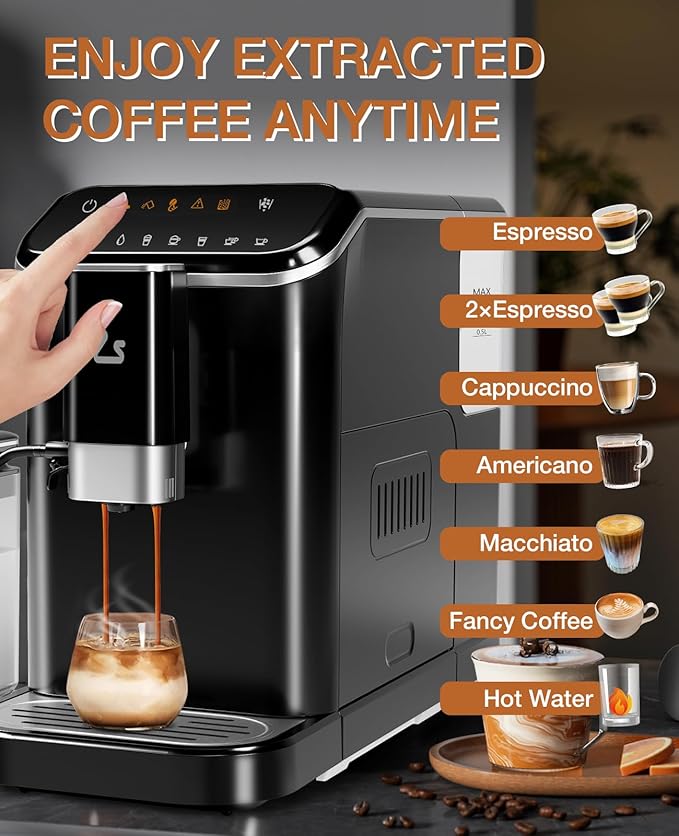 Fully Automatic Coffee Machine, 20 Bar Espresso Machine with Grinder & Automatic Milk Frother, 1-15 Adjustable Grind Size Levels, 1.5L Water Tank, Cappuccino & Latte Machine for Home