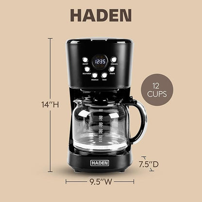 Haden Coffee Machine, 12 Cup Programmable Drip Coffee Maker with Auto Shut-Off Function and Reusable Washable Water Filter, Black & Chrome