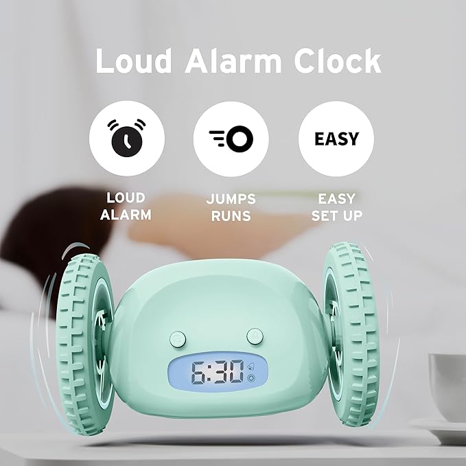 CLOCKY Alarm Clock on Wheels – Loud Rolling Alarm Clock for Heavy Sleepers | Runaway Clock That Jumps & Runs to Wake You Up | Funny Unique Gift for Adults, Teens & Kids Bedrooms (Mint)