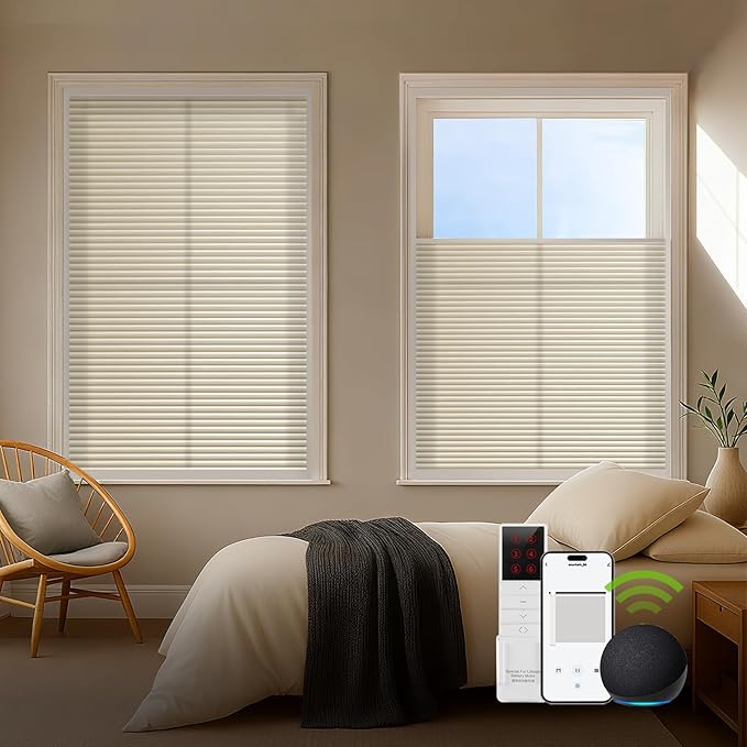 ZSTARR Motorized Skylight Shades Blackout Cellular Honeycomb Electric Blinds with Solar Panel Cordless Rechargeable with Remote for Roof and Slanted Windows Custom Size (LF Printed Wheat)