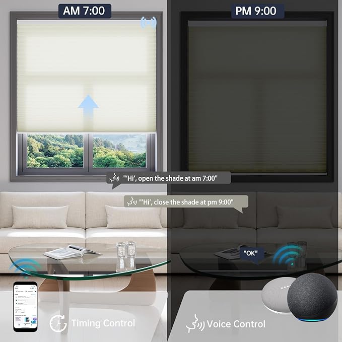 Motorized Cellular Shades with Remote, Light Filtering Smart Cellular Shades Compatible with Alexa, Honeycomb Window Blinds for Bedroom Home Office, Custom Size, Half Shading Soft Pearl