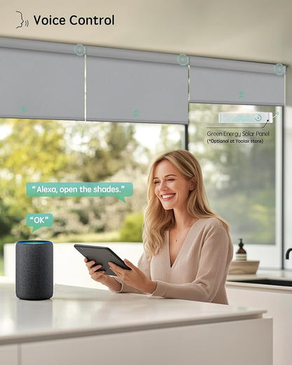 Yoolax Motorized Blinds with Remote, Waterproof Smart Blinds for Windows Blackout Automatic Shades Work with Alexa Remote Control Roller Window Shades with Valance, Custom Size (Vinyl-Light Grey)