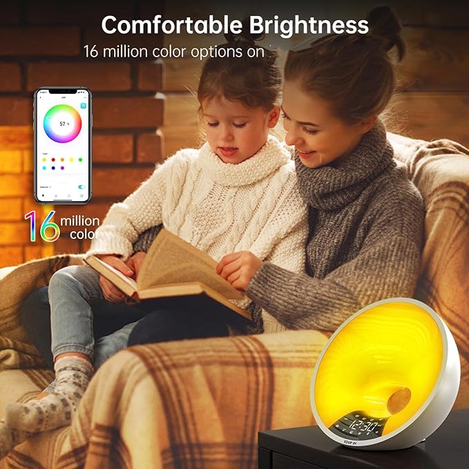FTVOGUE Sunrise Alarm Clock Smart Wake Up Clock for Bedroom with 7 Colors Ambient Light Nature Sounds 4 Alarms and Snooze Mode (US Plug 100 to 240V)