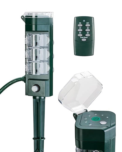 HBN Outdoor Power Strip Timer with Photocell Remote Control,Yard Stake Countdown (2,4,6,8 Hour),Weatherproof Outside Timer Dusk to Dawn for Halloween/Christmas Lights,6 Outlets,6ft Cord