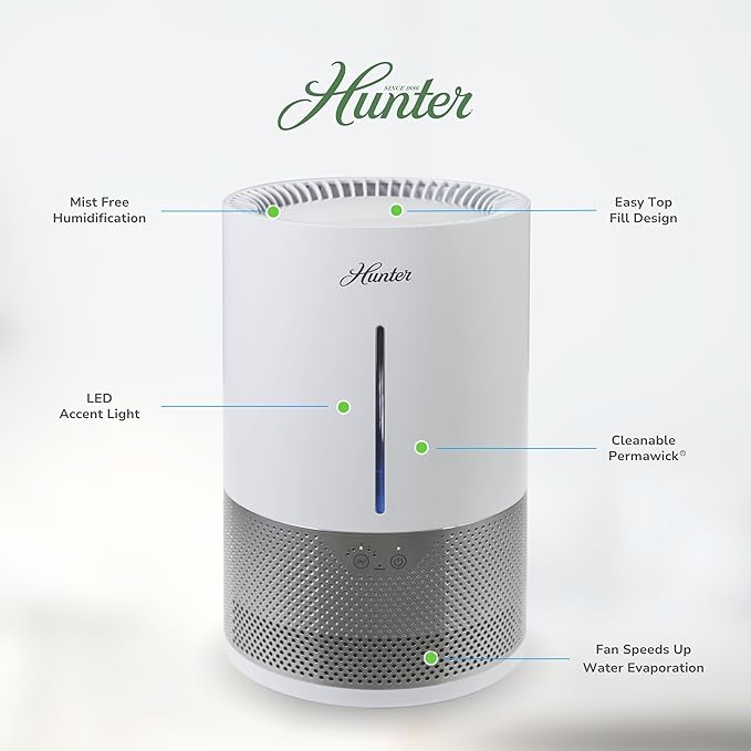HHE150 Hunter Aspire 4.8L Evaporative Humidifier with PermaWick Filter (4.8L) - Remove Contaminants & White Dust for Clean Mist & Air – Medium Humidifier for Home, Bedroom, or Dorm - White