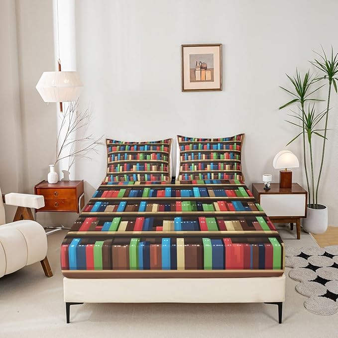 Pixel Vedio Game Bed Sheets Twin Size,Pixelated Bookshelf Bookcase Easy Wash Bedding Set,Books Modern Building Games Kids Room Decor,Colorful Sheet(Fitted+Flat+1 Pillowcase)