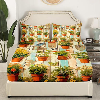 Garden Kids Sheet King Size,Geometric Wooden Plank Bedding Set,Boys Girls Room Decor,Gardening Gardener Butterfly Plants Flowers Rustic Green Bed Sheet Set 4pcs(Fitted + Flat + 2 Pillowcases)