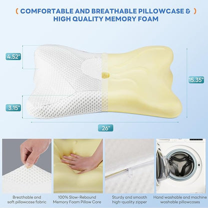 Sweetcrispy Cervical Pillow for Neck and Shoulder - Ergonomic Memory Foam Pillows, Contour Side Sleeper for Adults, Cooling Orthopedic Neck Support for Back Stomach Sleepers, King Size, White