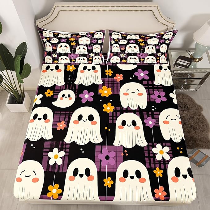 Halloween Ghosts Cute Fitted Sheet,Cartoon Ghost Groovy Daisy Flowers Graffiti Soft Decorative Fabric Bedding Black Purple Plaids Patchwork Pocket Twin Size with 1 Pillowcase