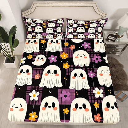 Halloween Ghosts Cute Fitted Sheet,Cartoon Ghost Groovy Daisy Flowers Graffiti Soft Decorative Fabric Bedding Black Purple Plaids Patchwork Pocket Twin Size with 1 Pillowcase