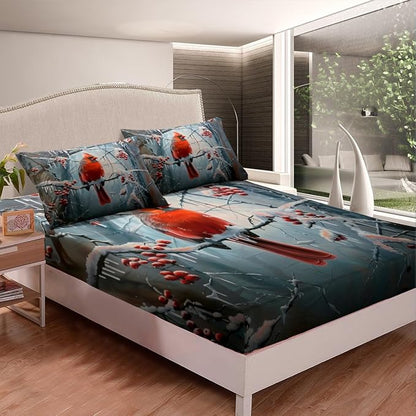 Cardinal Kids Fitted Sheet Queen Size,Snowflake Dead Branch Bedding Set,Boys Girls Room Decor,Red Sparrow Rustic Bird Farm Animal Bed Cover,Red Grey Bed Sheet,2 Pillowcases