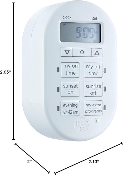 myTouchSmart Simple Set 7-Day Digital Timer, 1 Grounded Outlet Timer, Sunrise-Sunset Indoor Timer Outlet, Programmable ON/OFF Plug Timer, 125V Light Timer, Lamp Timer, Seasonal Lights, White, 33860