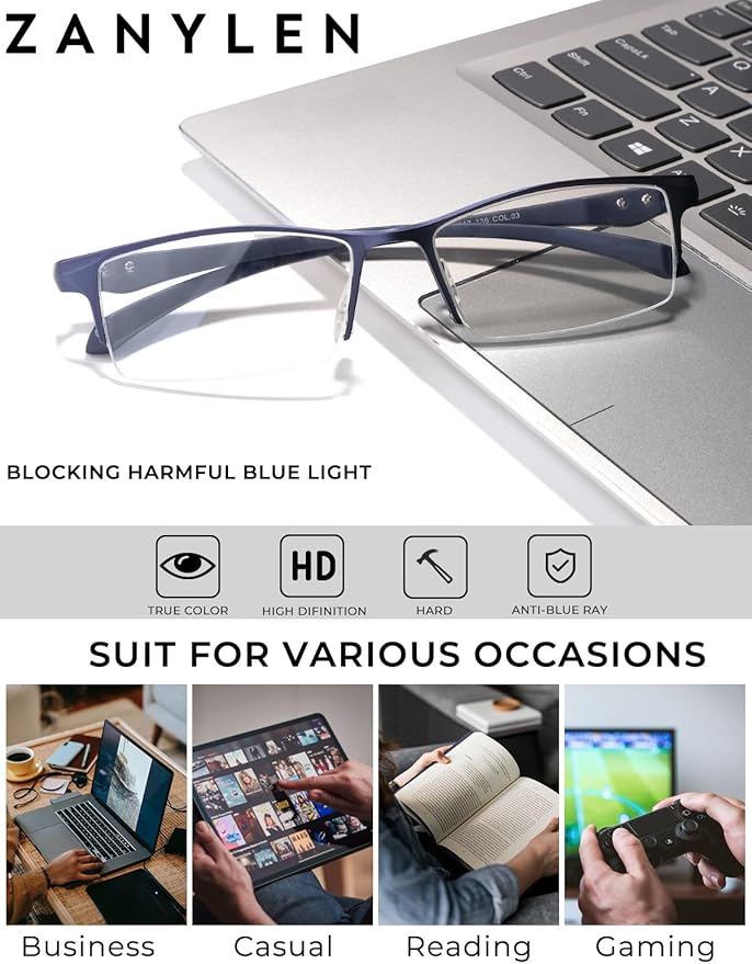 Blue Light Blocking Glasses for Men Semi Rimless Rectangular Computer Glasses Anti Glare UV Gaming Eyeglasses(Trendy Blue Metal Eyeglasses)