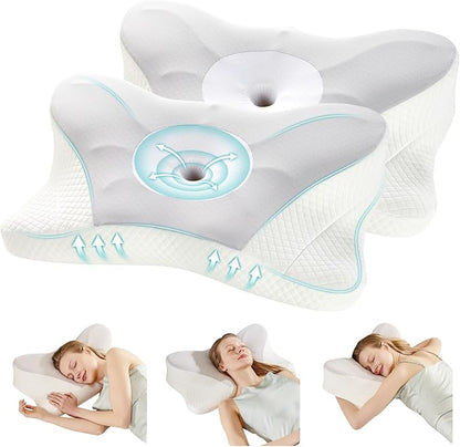 DUMOS Cervical Neck Pillow Set of 2, Cooling Memory Foam Contour Pillow with Arm Rest Slot and Ice Silk Pillowcase, Ergonomic Dual-Height Orthopedic Support for Side, Back, and Stomach Sleepers, Grey