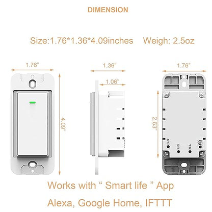Smart light switch, Compatible with Alexa, Compatible with Google Assistant, No Hub Required, Smart Home WiFi Wireless, Suit for 1/2/3/4 Gang Switch Box, Neutral Wire Required, White Micmi 4pack