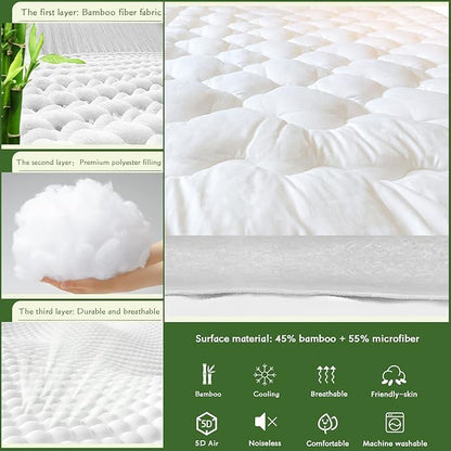 GRT Mattress Pad Cover Rayon from Bamboo California King Size, Extra Thick Quilted Fitted Mattress Topper with 21 Inches Deep Pocket, Cooling Breathable and Noiseless Mattress Cover