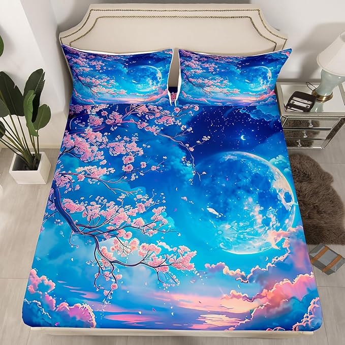 Cherry Blossoms Fitted Sheet Full Size,Moonnight Cloud Starry Sky Bedding Set,Girls Women Room Decor,Sakura Flowers Chinese Style Bed Cover,Pink Blue Romantic Bed Sheet,2 Pillowcases(No Top Sheet)