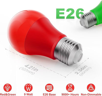 Briignite Red Green Light Bulbs [2 Pack], Christmas Light Bulbs, A19 E26 LED Red Light Bulb Outdoor, Green Light Bulb 9W (60 Watt Equivalent) for Porch Light Christmas Party Home Decor