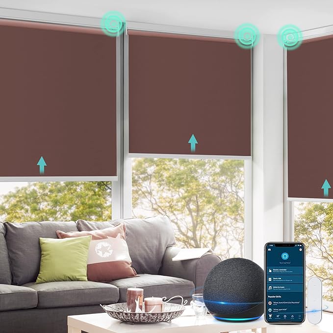 Allesin Motorized Roller Shade Blinds Compatible with Alexa for Window, Blackout Smart Shades Cordless with Remote Control, Electric Automated Blinds, Customized Size, Lithium Battery Motor(Brown)