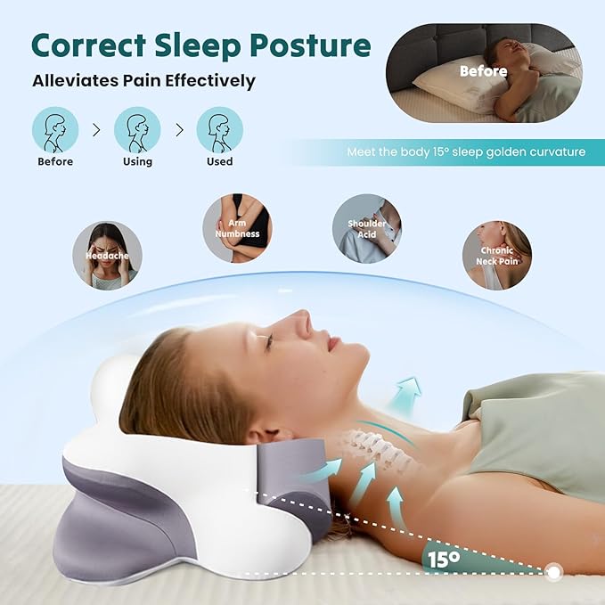 Sweetcrispy Cervical Neck Pillow - Contour Memory Foam Pillow for Neck Pain Relief with Cooling Pillowcase, Ergonomic Orthopedic Support for Side Back Stomach Sleepers, White & Grey
