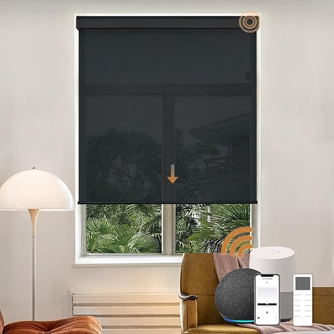 Motorized Light Filtering Roller Shades with Remote Control, Electric Smart Shades Compatible with Alexa and Google, Rechargeable, Customizable Size (fireproofing Black)