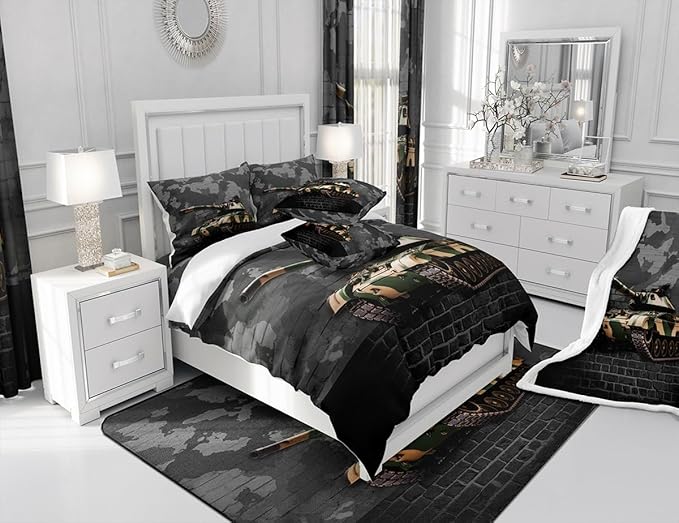 Manfei Tank Sheet Set King Size, Grey Camouflage Wall Print Bed Sheet Set 4pcs with Deep Pocket Fitted Sheet + Flat Sheet + 2 Pillowcases, Camo Vintage Style Bedding Set for Kids Boys Teen Room Decor