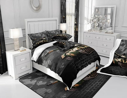 Manfei Tank Sheet Set Full Size, Grey Camouflage Wall Print Bed Sheet Set 4pcs with Deep Pocket Fitted Sheet + Flat Sheet + 2 Pillowcases, Camo Vintage Style Bedding Set for Kids Boys Teen Room Decor