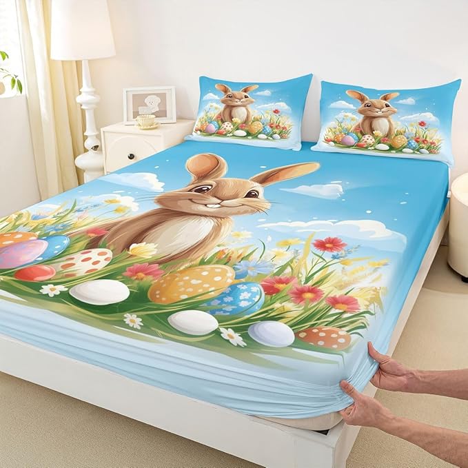 Easter Fitted Sheet Twin Size Easter Egg Funny Rabbit Bedding Set for Kids Bedroom Kawaii Animal Spring Flowers Bed Sheet Set 2pcs Blue Colorful Deep Pocket Mattress Cover,No Top Flat