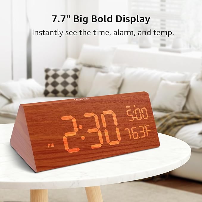 OhM-ega Wooden Digital Alarm Clock, Electric Clocks with Dual USB Port, Large Numbers, Temperature Display, Brightness Dimmer, Sound-Activated Display, Snooze, 12/24H, Brown