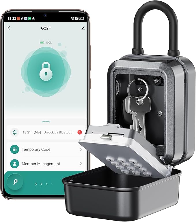 Smart Key Lock Box - Bluetooth APP(Tuya APP) Control & PIN Code, IP65 Weatherproof Wall Mounted Lock Box for Airbnb, Realtor, Home Office, Holds 5 Keys+3 Access Cards
