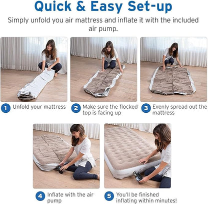 Etekcity Air Mattress Upgraded Twin Size Camping Air Bed Blow Up Bed Inflatable Mattress Raised Airbed with Rechargeable Pump for Guest, Camping, Hiking, Height 9", Storage Bag, Brown