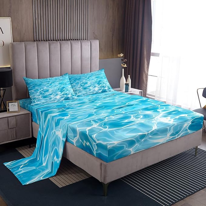 Manfei Summer Sheet Set Queen Size, Blue Water Texture Print Bedding Set for Kids Boys Girls Teens Bedroom Decor, Tropical Summer Pool Bed Sheet Set 4pcs (Fitted Sheet, Flat Sheet, 2 Pillowcases)