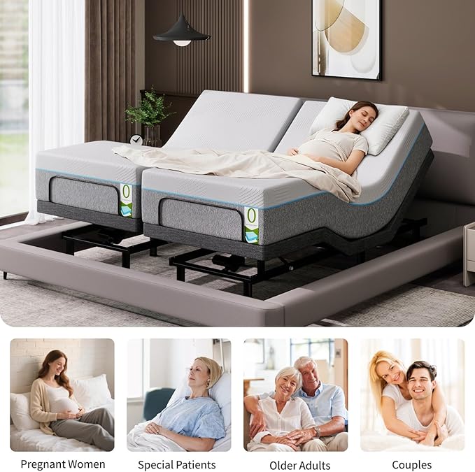Split King Adjustable Bed Frame, Adjustable Beds with Updated Thickened Frame,Wireless Remote, Separate Head/Foot Lift, Zero Gravity,Anti-Snore,Sturdy Metal, Electric Bed Bases with 3 Height Options