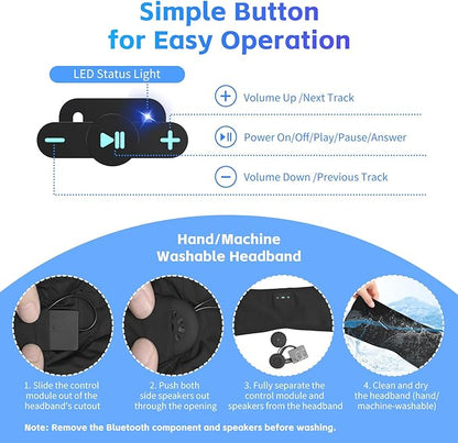 Sleep Headphones Bluetooth 6.0 Headband, 20Hr Headband Headphones with HD Stereo Speakers, Sports Wireless Earphones for Side Sleepers Workout Yoga Travel Meditation, Gifts for Women Men,Black