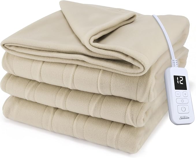 Sunbeam Royal Ultra Fleece Heated Electric Blanket Twin Size, 84" x 62", 12 Heat Settings, 12-Hour Selectable Auto Shut-Off, Fast Heating, Machine Washable, Warm and Cozy, Pebble