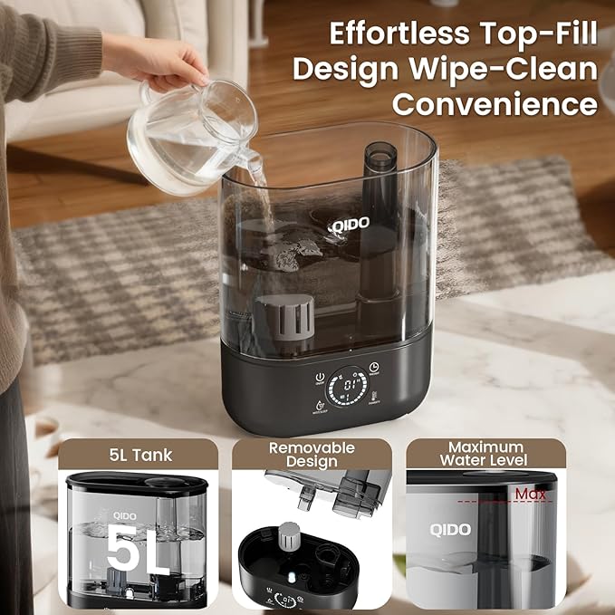 QIDO Top Fill Humidifiers for Bedroom, 5 L Cool Mist 36H Super Long Time, Quiet 28dB Essential Oil Diffuser for Baby & Plants, 3 Adjustable Mist with Touch/APP/7-color Nightlight, Auto Shut-off, Black