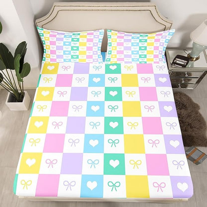 Princess Bowknot Fitted Sheet Queen Size,Colorful Plaids Grids Patchwork Soft Bed Cover(1 Fitted Sheet+1 Pillow Case),Dreamy Bow-tie Love Hearts Cartoon Kawaii Breathable Mattress Cover