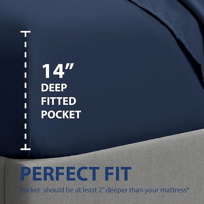 Cathay Home Twin Fitted Sheet - Double Brushed Ultra Soft - Wrinkle & Fade Resistant - 21" Extra Deep Pocket Fitted Sheet Only - Good Fit for 19"-23" Deep Mattress (Twin, Navy)