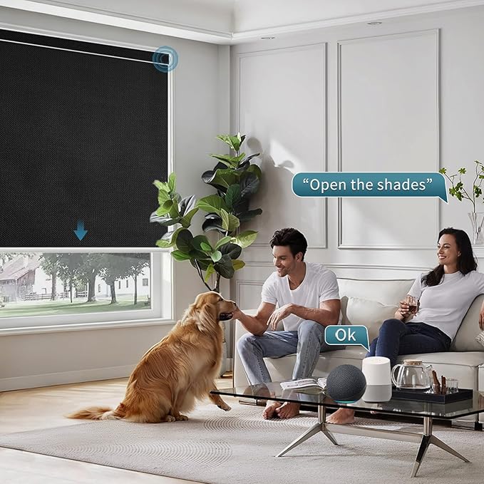 Motorized Light Filtering Roll Shades Work with HomeKit,1% Openness Smart Blinds for Windows, Electric Blinds with Remote, APP/Voice Control, Automatic Solar Shades,1% Openness Aventus Black