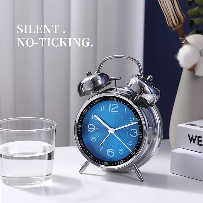 Super Loud Alarm Clock for Heavy Sleepers,4 inches Twin Bell Alarm Clock with Backlight,Battery Operated,Silent Non Ticking,for Kids,Adults,Bedrooms,Retro Decor Desk Analog Clocks. (Blue)