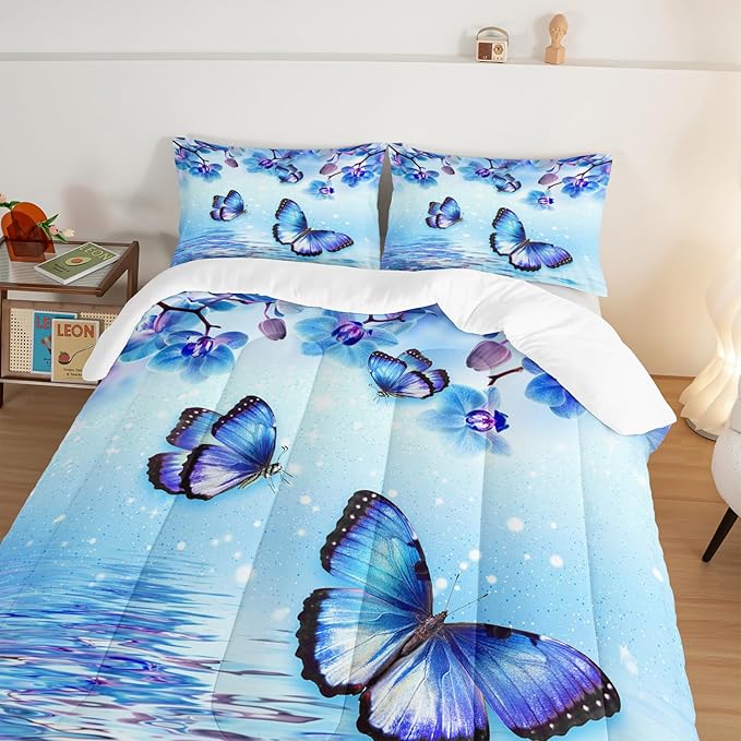 Fantasy Blue Themed Aesthetic Bedding King Comforter Set,Butterflies on Water with Falling Flowers Comforter Sets for Kids Girls Boys,Pretty Butterfly Pattern Bedding Sets with 2 Pillowcases.