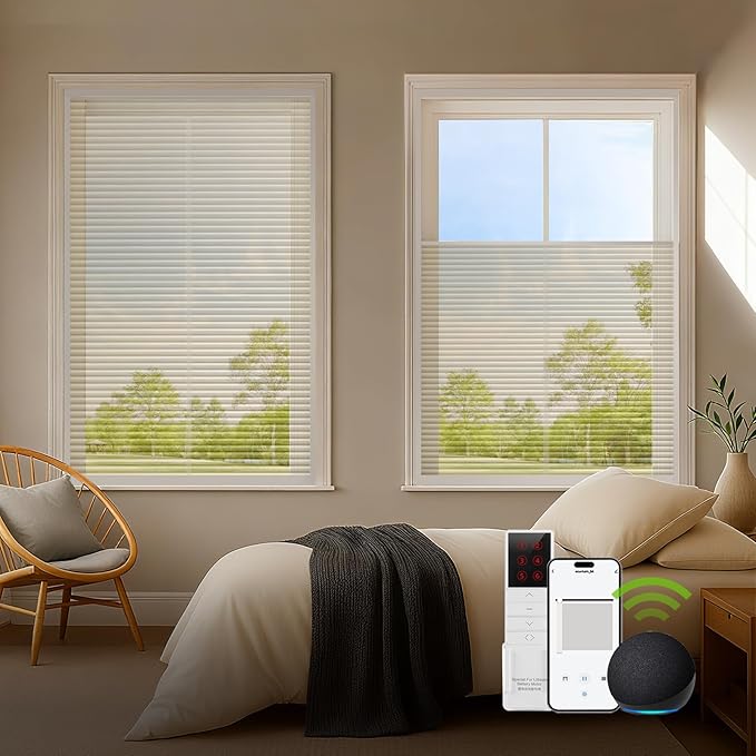 ZSTARR Motorized Skylight Shades Blackout Cellular Honeycomb Electric Blinds with Solar Panel Cordless Rechargeable with Remote for Roof and Slanted Windows Custom Size (Sheer Beige)