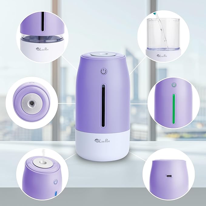 LivePure Cool Mist Humidifiers for Bedroom. Small Humidifier for Babies, Nursery, Plants, Office. Ultrasonic Cool Mist Humidifier w/Quiet Operation, USB-C Rechargeable. Lavender