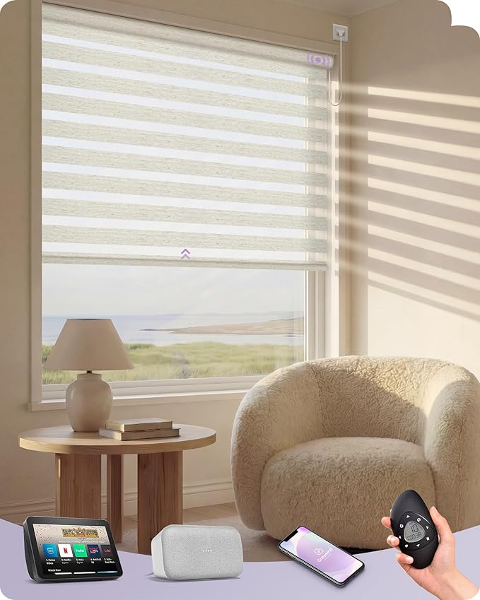 Graywind Motorized Blinds with Remote, Smart Zebra Shades for Windows, Hardwired Roller Blinds Compatible with Apple Homekit, Alexa, Google Home, Custom Size, Linen Weave Beige